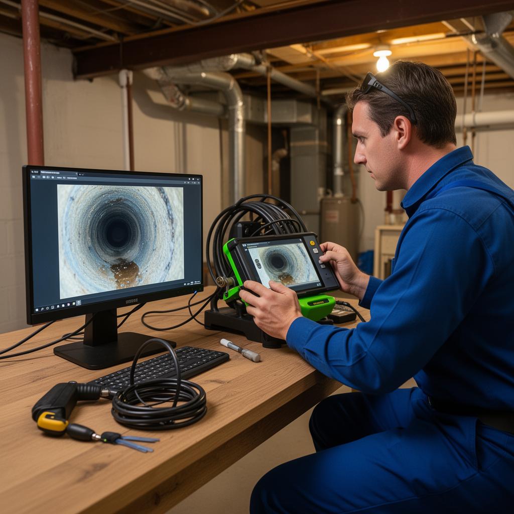 Plumber performing a sewer drain camera inspection in an Ottawa basement