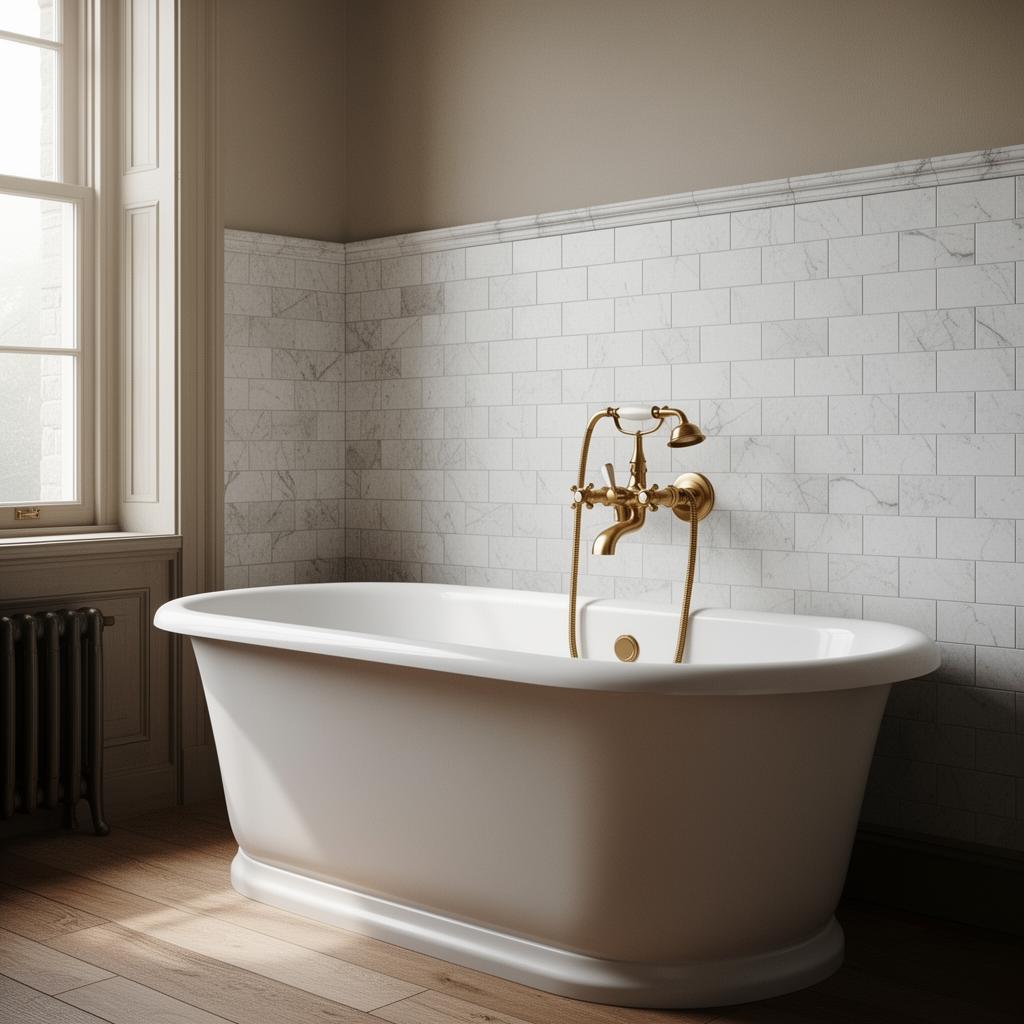 Restored freestanding soaker tub with brass fixtures in a renovated Ottawa heritage bathroom